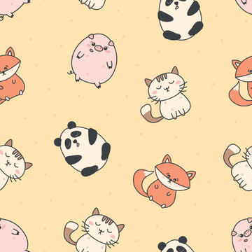 Vector seamless pattern with cute cartoon animals, pig, panda, cat, fox.