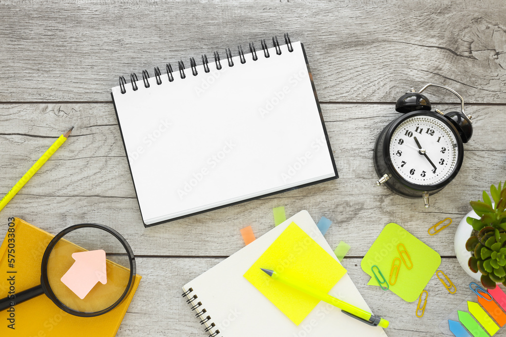 Poster tidy workspace desk with multiple business accessories. space for text on white paper