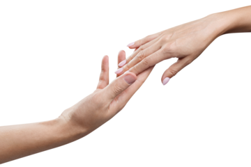 Male and female hands stretching towards each other, cut out