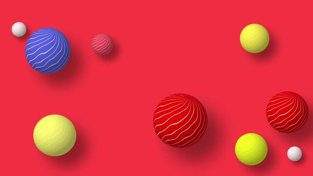 3D animation of balls flying and rotating on background. Computer graphics animation with geometric shapes. Motion design for poster, cover, branding, banner, placard. Multicolored balls are slowly