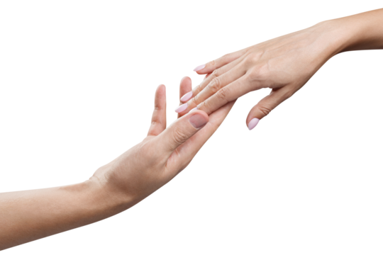 Male and female hands stretching towards each other, cut out