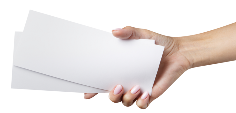 Female hand holding two blank sheets of paper (tickets, flyers, invitations, coupons, banknotes, etc.), cut out