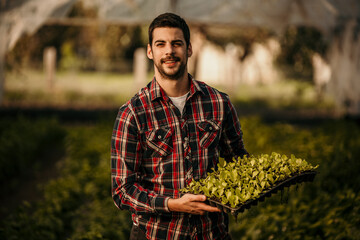 Portrait of a male farmer in a small scale, organic greenhouse on a sustainable community farm.