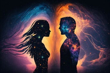 Man and woman silhouettes at abstract cosmic background, generative, AI