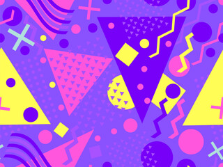 Fototapeta na wymiar Memphis seamless pattern with geometric shapes in 80s style. Colorful geometric pattern. Design of promotional products, wrapping paper and printing. Vector illustration
