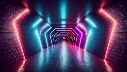 Futuristic Tunnel, Laser or Fluorescent Lighting on Walls, Cyber-Futuristic Atmosphere, Generative AI
