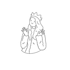 the girl spreads her hands. a girl in a fur coat and a crown. line illustration