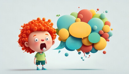 A cute surprised red hair kid with a lot of colorful speech bubbles. Generative AI - 575034866