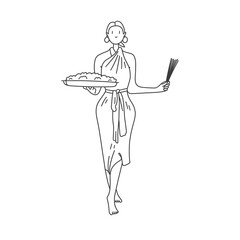 A beautiful sweet girl in a dress with a tray and scented candles. Line illustration