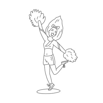 recommend clip art: Cute beautiful girl jumping with pom-poms. The cheerleader is training for the competition. Line illustration