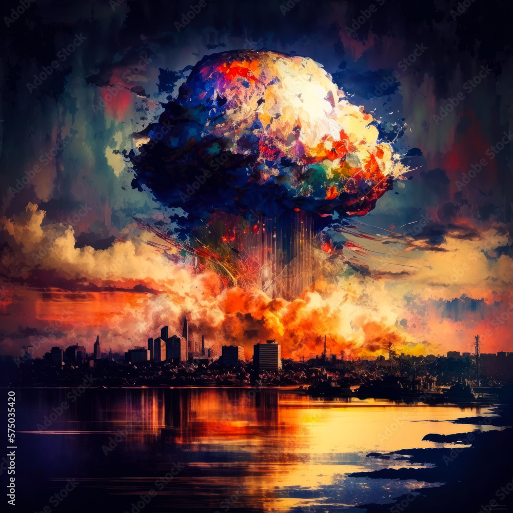 Poster An image of nuclear explosion over city. Generative AI.