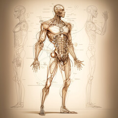 Fototapeta na wymiar The human body and skeletal system on brown background. Generative AI.