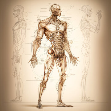 The human body and skeletal system on brown background. Generative AI.