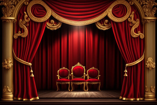 Theater Stage With Red Curtains And Two Chairs. Generative AI.