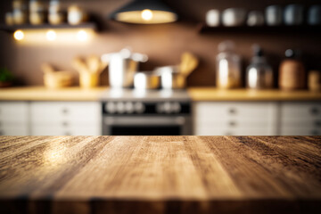 Fototapeta na wymiar An empty wooden table in front of kitchen. Generative AI.