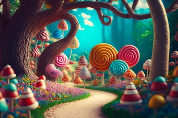 Zelfklevend Fotobehang Path through forest with lollipops and trees. Generative AI. © valentyn640