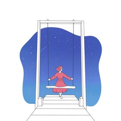 a girl in a dress swings on a swing against the background of the sea and the starry sky