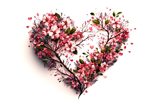 An image of heart shaped tree with pink flowers. Generative AI.