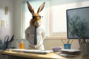 Rabbit dressed in tie and glasses is sitting at desk. Generative AI.