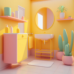 Bathroom with pink and yellow walls and cactus plants. Generative AI.