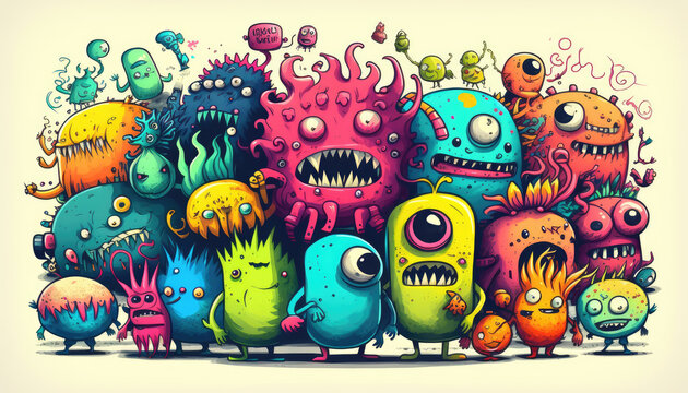 "Colorful Monster Doodle Art" - a series of fun and quirky monster illustrations in neon watercolor, with a colorful and lively doodle art style