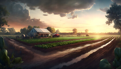 sunset in the countryside farm house and rural plantation painting made with generative AI