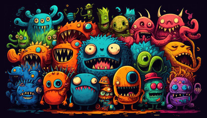 "Colorful Monster Doodle Art" - a series of fun and quirky monster illustrations in neon watercolor, with a colorful and lively doodle art style