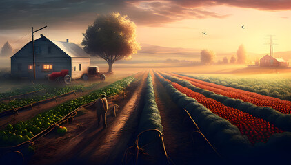 sunset over the field farm house plantation rural digital art AI painting