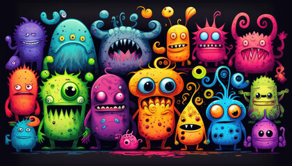 "Colorful Monster Doodle Art" - a series of fun and quirky monster illustrations in neon watercolor, with a colorful and lively doodle art style