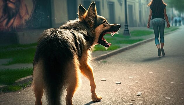 Big terrible stray dog barking and growls on little girl walking street, rabid stray dog attacks neglected child with cynophobia. Lonely girl met dangerous rabies stray dog on street, generative AI