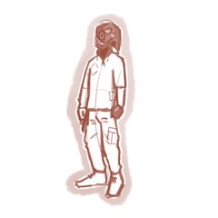 a man in a futuristic tracksuit and mask.  monochrome illustration