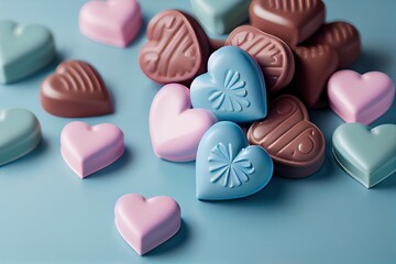 Obraz na płótnie Canvas Pastel colored chocolates in icing and meringue baking sweets pink and blue on a plain background flat lay. Generative AI