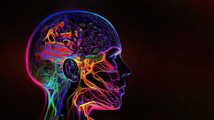 Headache in human head neon glowing head brain, pain in human head with colorful stress illustration, terrible migraine attack in human brain. Colorful neon silhouette on human head, generative AI - obrazy, fototapety, plakaty