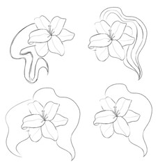 set of lily flower with leaves in line style.  sketches for tattoos