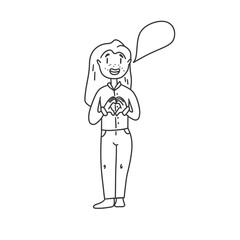 A girl with freckles in casual clothes shows a heart with her hands.  Bubble for text