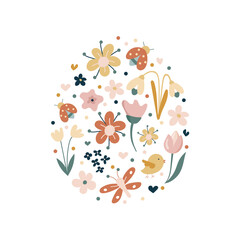 Easter egg on a background of bright flowers and leaves, isolated on a white background. This Easter egg is decorated with hearts. Hand-drawn. Vector illustration.
