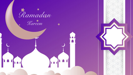 Ramadan Kareem greeting background with mosques and lanterns with moon and stars.