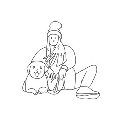 a girl in a jacket and a hat sits next to a smiling labrador dog