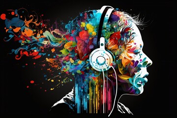 Music background. Head wearing headphones on colourful background.