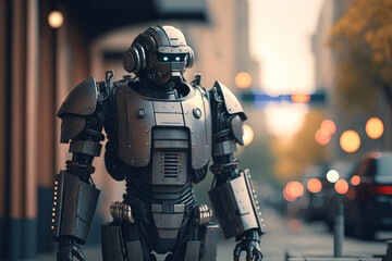 Fototapeta premium Robot on the city street. Generative AI