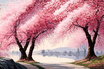 Fototapeta na wymiar Pink Cherry Blossoms. Generative AI