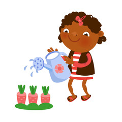 Cute isolated African American girl waters flowers in garden from watering can. Cartoon character animal horse for design. Vector illustration. 