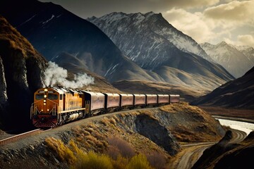 Fototapeta na wymiar Freight train in the rocky mountains. Generative AI