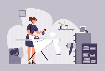 The cleaning staff is ironing the shirt with iron. vector illustration flat design