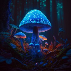 Fototapeta na wymiar Neon glowing mushroom in the forest. Generative AI