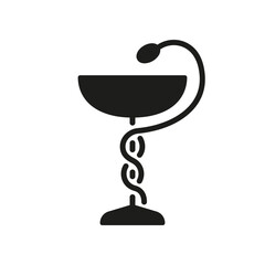 Pharmacy Emblem. Pharmaceutical Clinic, Drugstore Silhouette Icon. Medical Hospital Glyph Pictogram. Bowl with Snake Pharmacy Medicine Icon. Clinical Ambulance Aid. Isolated Vector Illustration