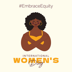 International Women's Day 2023. African girl hugging herself. Banner and poster template