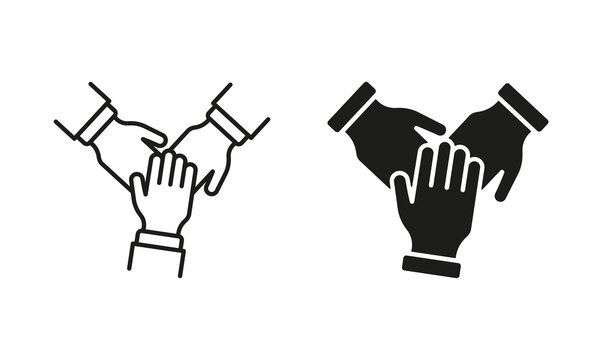 Teamwork Alliance, Partnership and Help. Hand Together Silhouette and Line Icon Set. Collaboration Group, Team Job Pictogram. Company Participation Icon. Editable Stroke. Isolated Vector Illustration