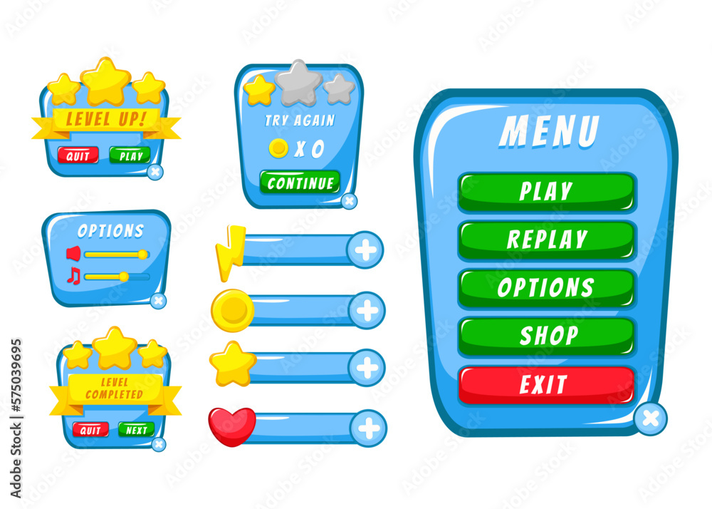 Aufkleber complete set of level button game pop-up, icon, window and elements for creating medieval rpg video 