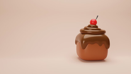 Mini cake with chocolate topping and cherry. Chocolate Cake, Pastry shop, confectionery. Sweet dessert. Cake, cupcake. 3d rendering